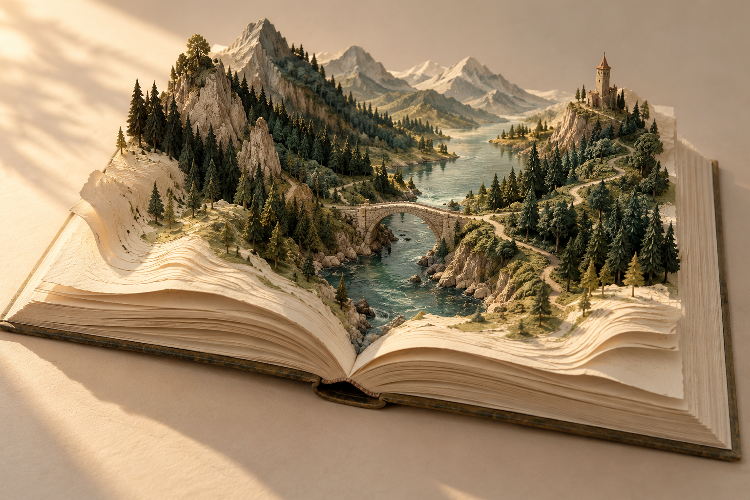 An open book unfolds into a miniature world of mountains, evergreen forests, a river, and a stone bridge.